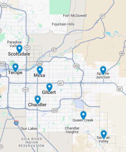 Sonoran Green Window Cleaning service area map covering Gilbert, Chandler, Mesa, Tempe, Queen Creek, Apache Junction, San Tan Valley, and Scottsdale in Phoenix Metro Arizona with eco friendly residential window cleaning